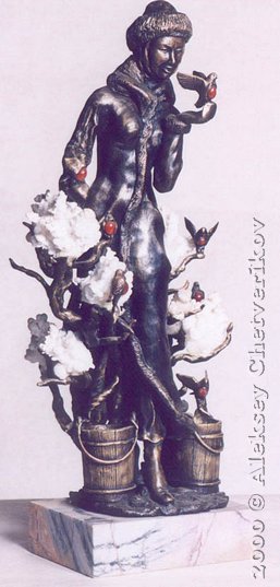 Snegiri, 1999, 53*23*20, bronze, marble, flyuorite, holcedonium
