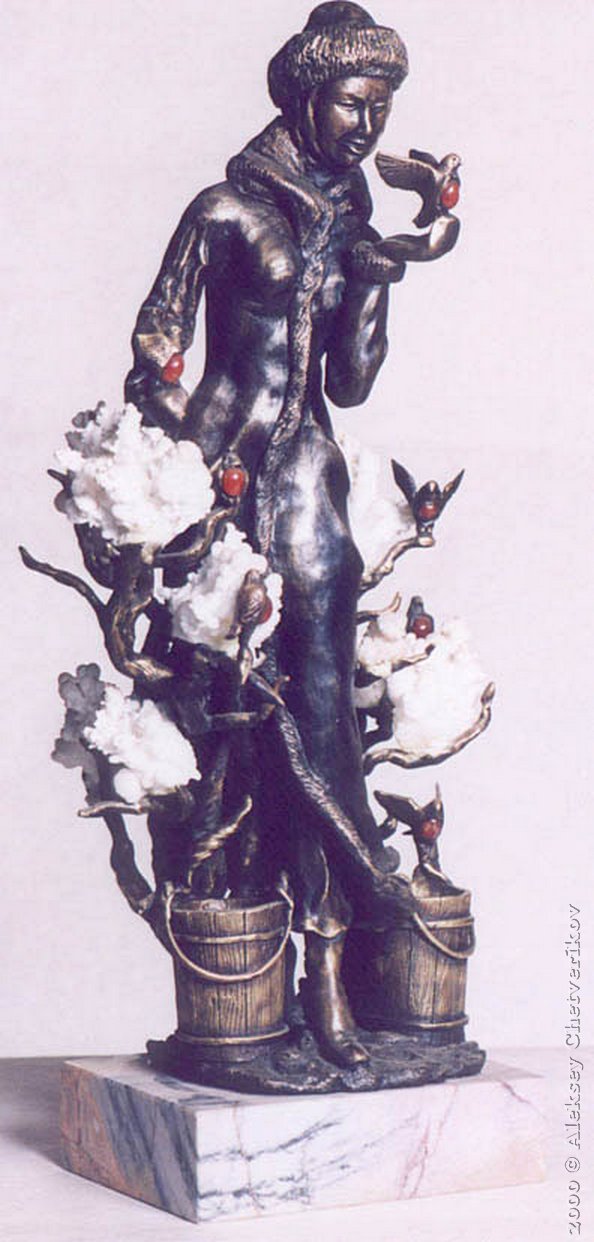 Снегири, 1999, 53*23*20, борнза, мрамор, флюорит, холцедон